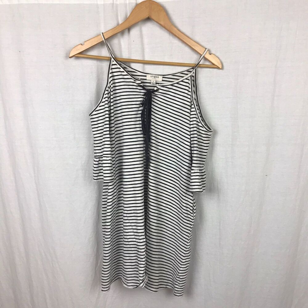 Umgee Women's Striped Cold Shoulder Bell Sleeve Shirt Black White Size Small